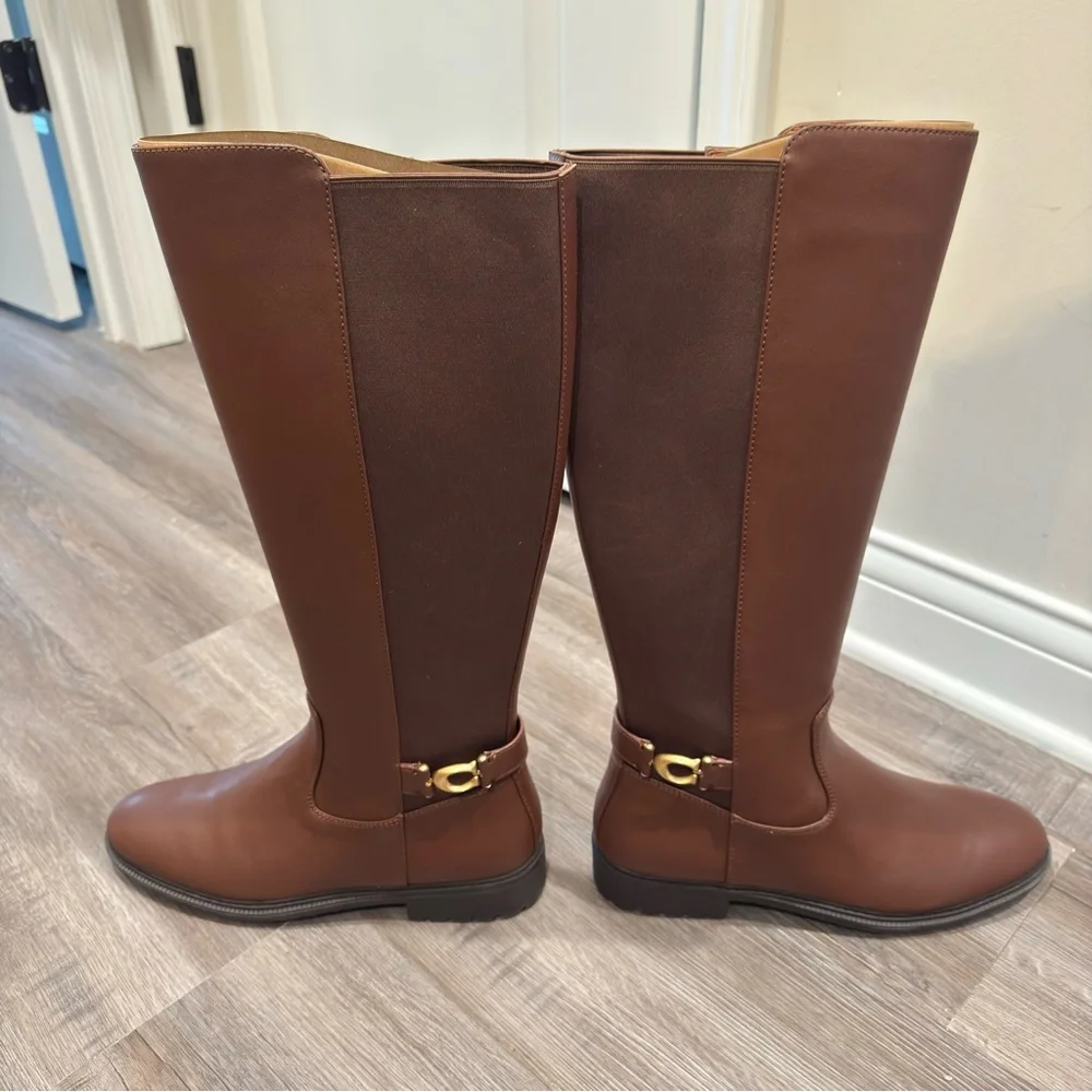 Coach Faith Riding Tall Brown Walnut Leather Logo Boots